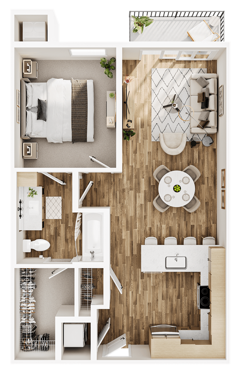 Floor plan for 1 bed, 1 bath, 731 sqft